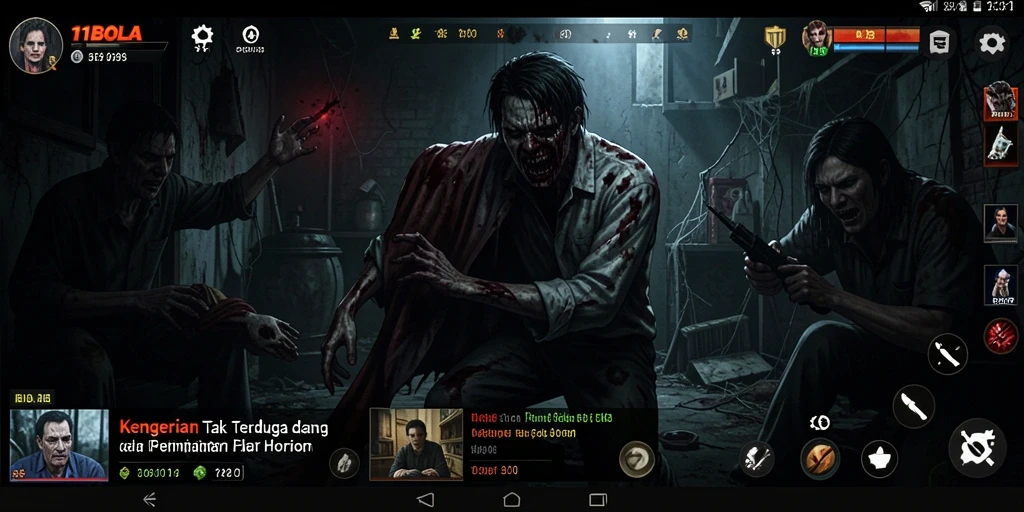 Screenshot gameplay menakutkan dari 11BOLA yang menunjukkan kegelapan dan ketegangan.