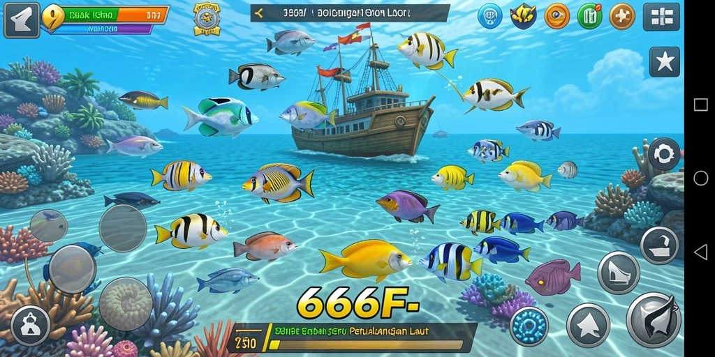 Gameplay seru dalam 666F menembak ikan berwarna-warni.