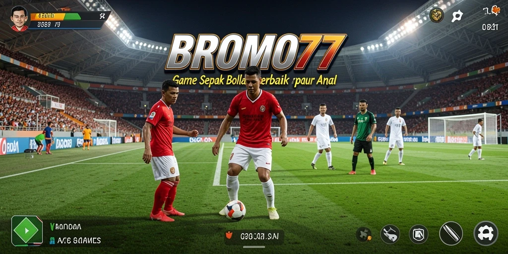 Screenshot utama BROMO77 menunjukkan gameplay seru dan aksi dramatis di lapangan sepak bola.