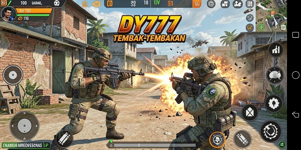 Screenshot utama gameplay DY777 yang menunjukkan aksi tembak-menembak intens.