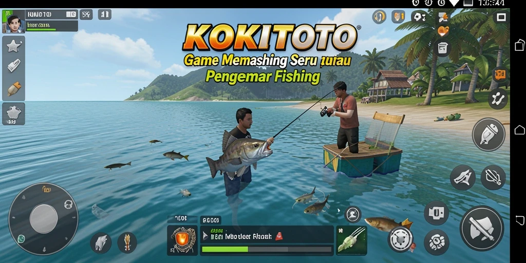 Screenshot gameplay KOKITOTO menampilkan aksi memancing yang seru.