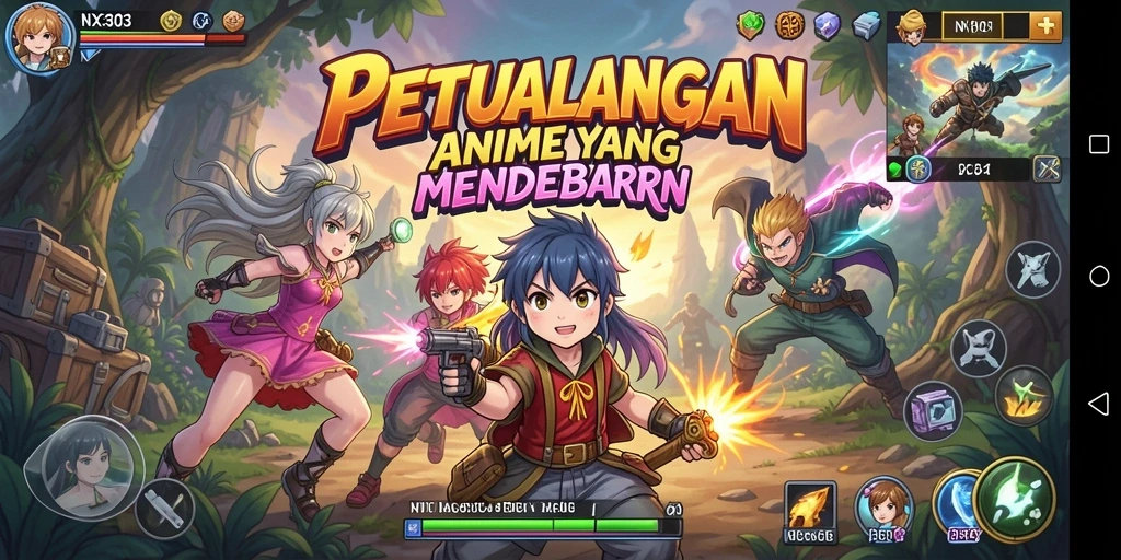 Screenshot utama NX303 menampilkan aksi karakter dalam pertarungan anime yang intens.