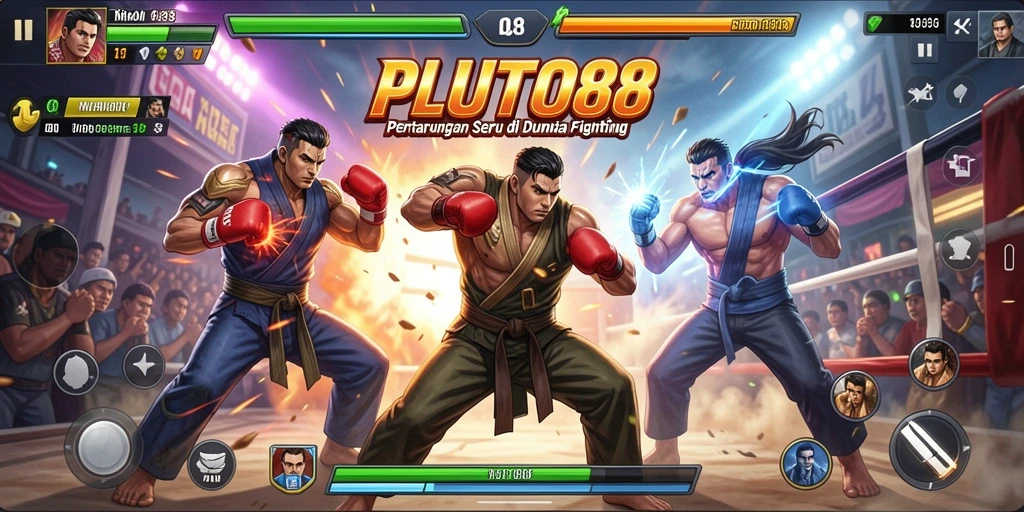 Tangkapan layar utama PLUTO88 menampilkan aksi pertarungan yang mendebarkan.